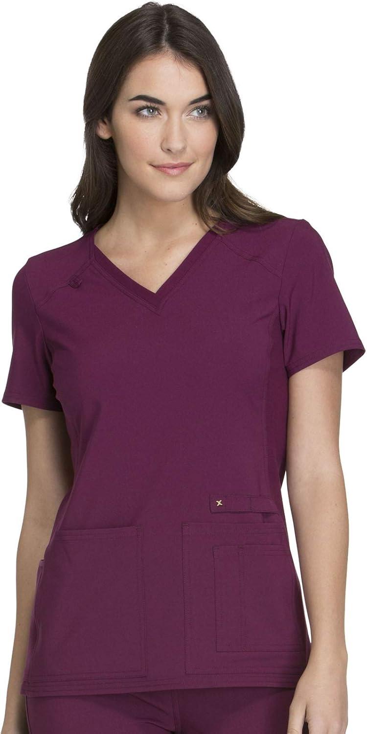 imageCherokee Womens Scrub Set Contemporary Fit Mid Rise 6 Pocket Straight Leg Pant CK002 and 4 Pocket VNeck Top CK605Wine
