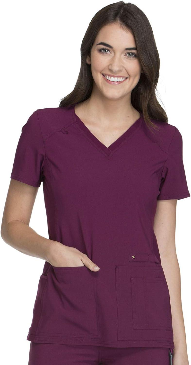 imageCherokee Womens Scrub Set Contemporary Fit Mid Rise 6 Pocket Straight Leg Pant CK002 and 4 Pocket VNeck Top CK605Wine