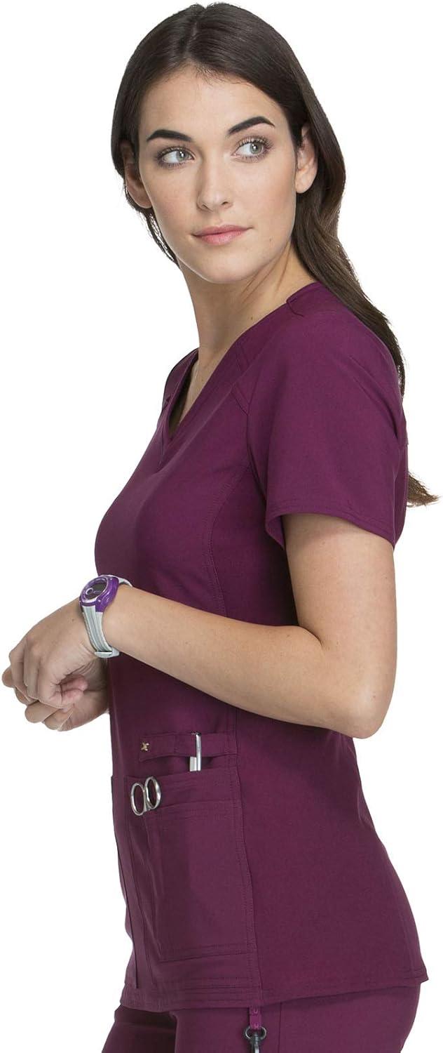 imageCherokee Womens Scrub Set Contemporary Fit Mid Rise 6 Pocket Straight Leg Pant CK002 and 4 Pocket VNeck Top CK605Wine