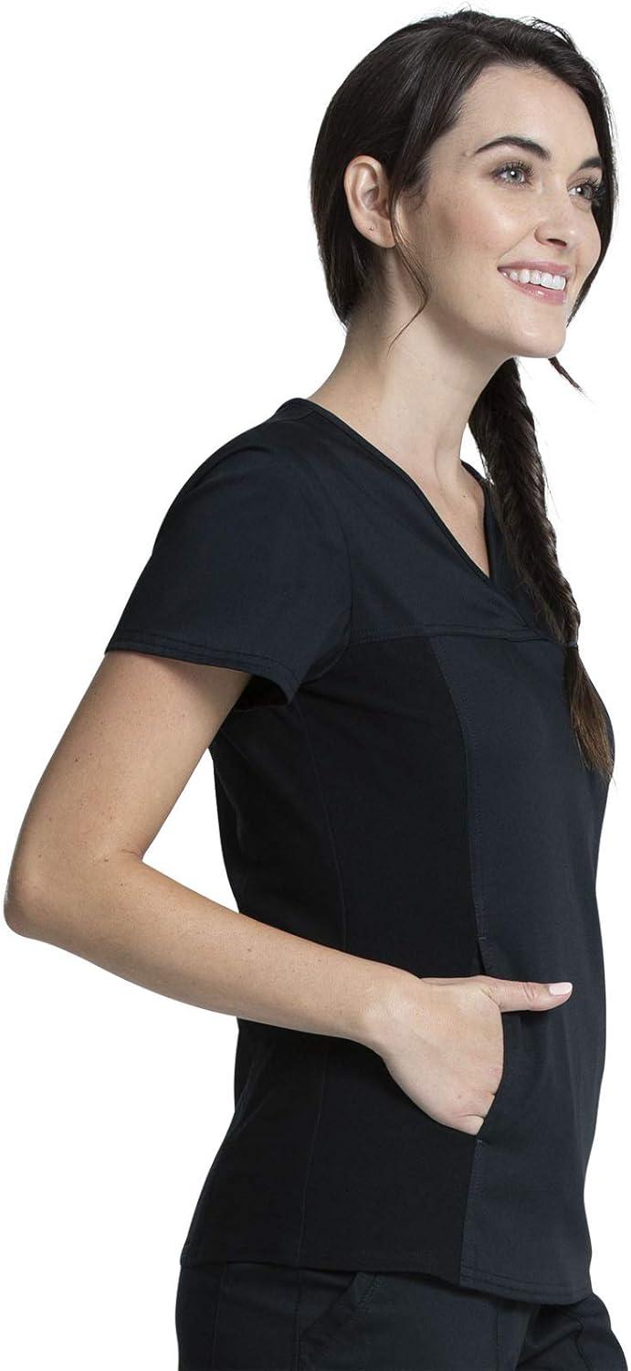 imageCherokee Womens Scrub Set VNeck Knit Panel Scrub Top WW2875 Mid Rise Tapered Leg Drawstring Scrub Pant WW105Black