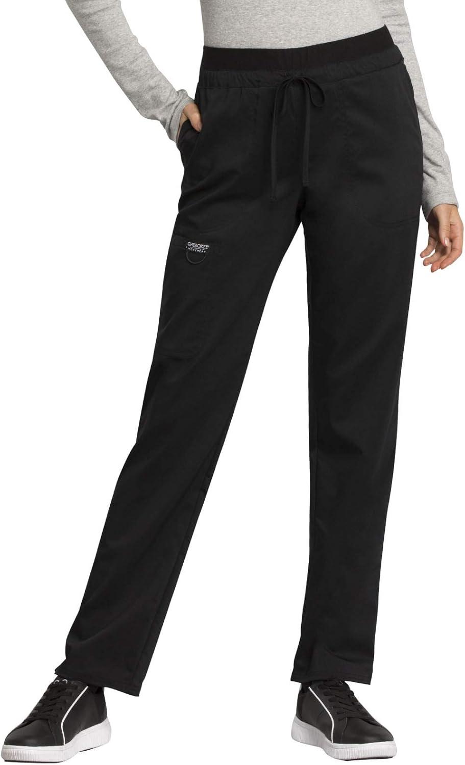 imageCherokee Womens Scrub Set VNeck Knit Panel Scrub Top WW2875 Mid Rise Tapered Leg Drawstring Scrub Pant WW105Black