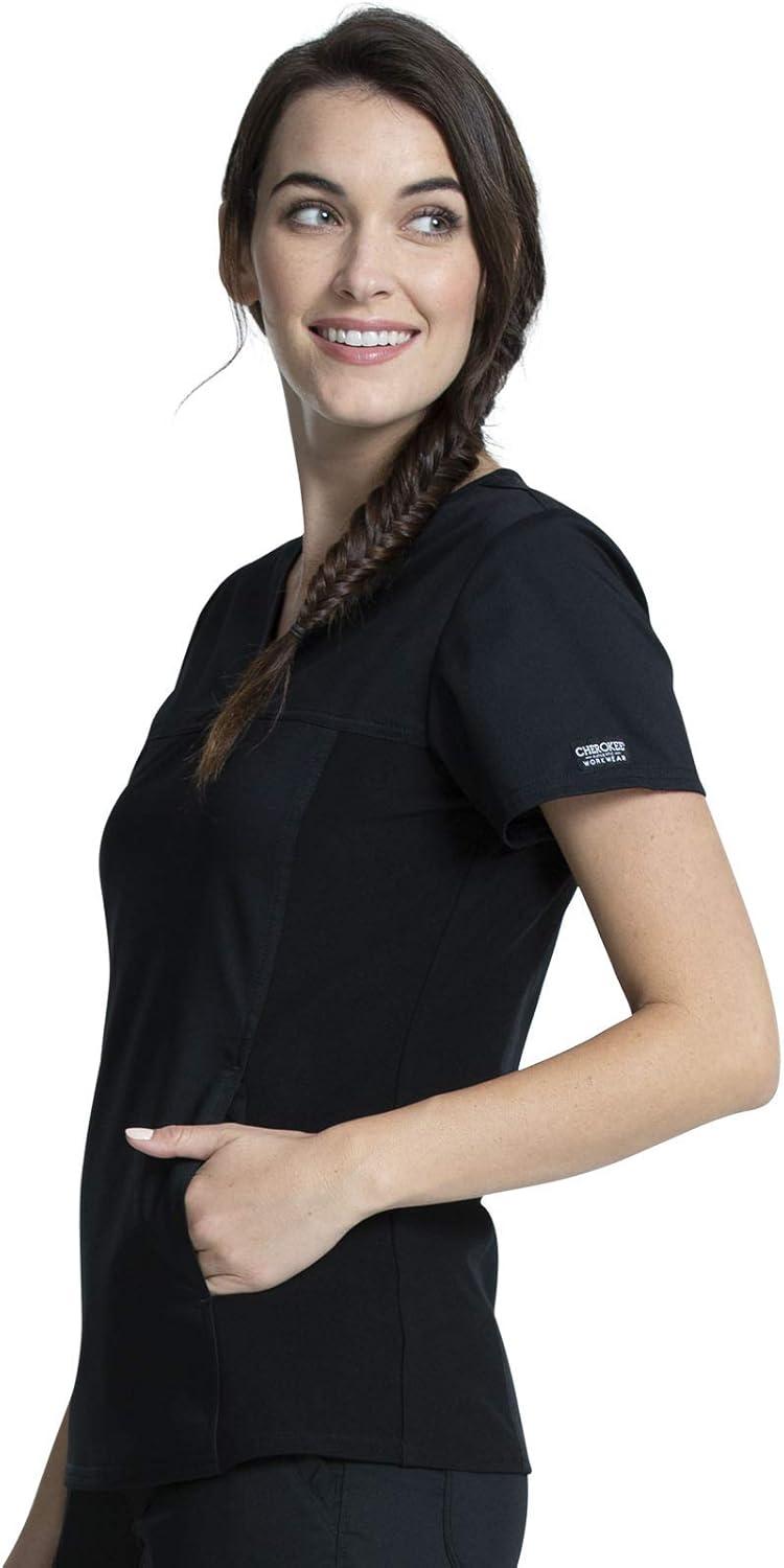imageCherokee Womens Scrub Set VNeck Knit Panel Scrub Top WW2875 Mid Rise Tapered Leg Drawstring Scrub Pant WW105Black