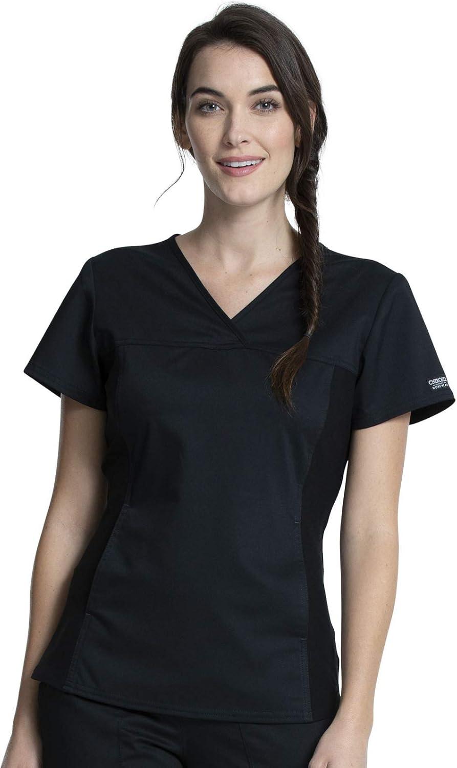 imageCherokee Womens Scrub Set VNeck Knit Panel Scrub Top WW2875 Mid Rise Tapered Leg Drawstring Scrub Pant WW105Black