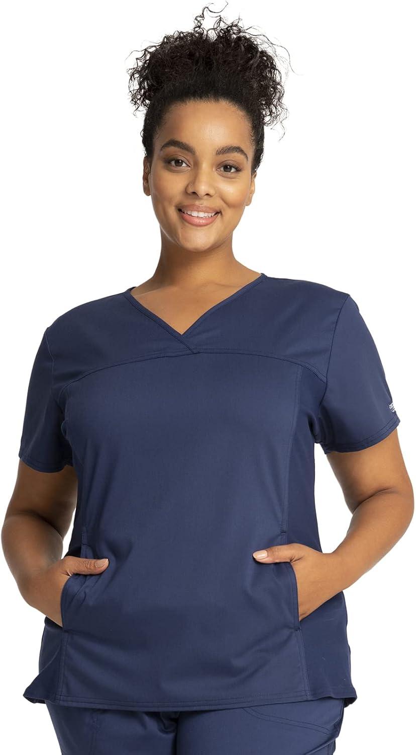 imageCherokee Womens Scrub Set VNeck Knit Panel Scrub Top WW2875 Mid Rise Tapered Leg Drawstring Scrub Pant WW105Navy