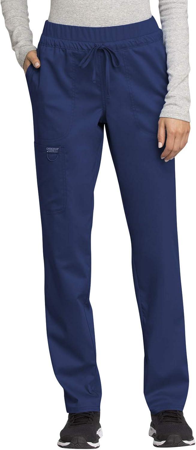 imageCherokee Womens Scrub Set VNeck Knit Panel Scrub Top WW2875 Mid Rise Tapered Leg Drawstring Scrub Pant WW105Navy