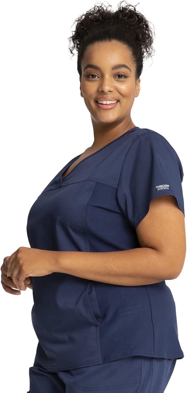 imageCherokee Womens Scrub Set VNeck Knit Panel Scrub Top WW2875 Mid Rise Tapered Leg Drawstring Scrub Pant WW105Navy