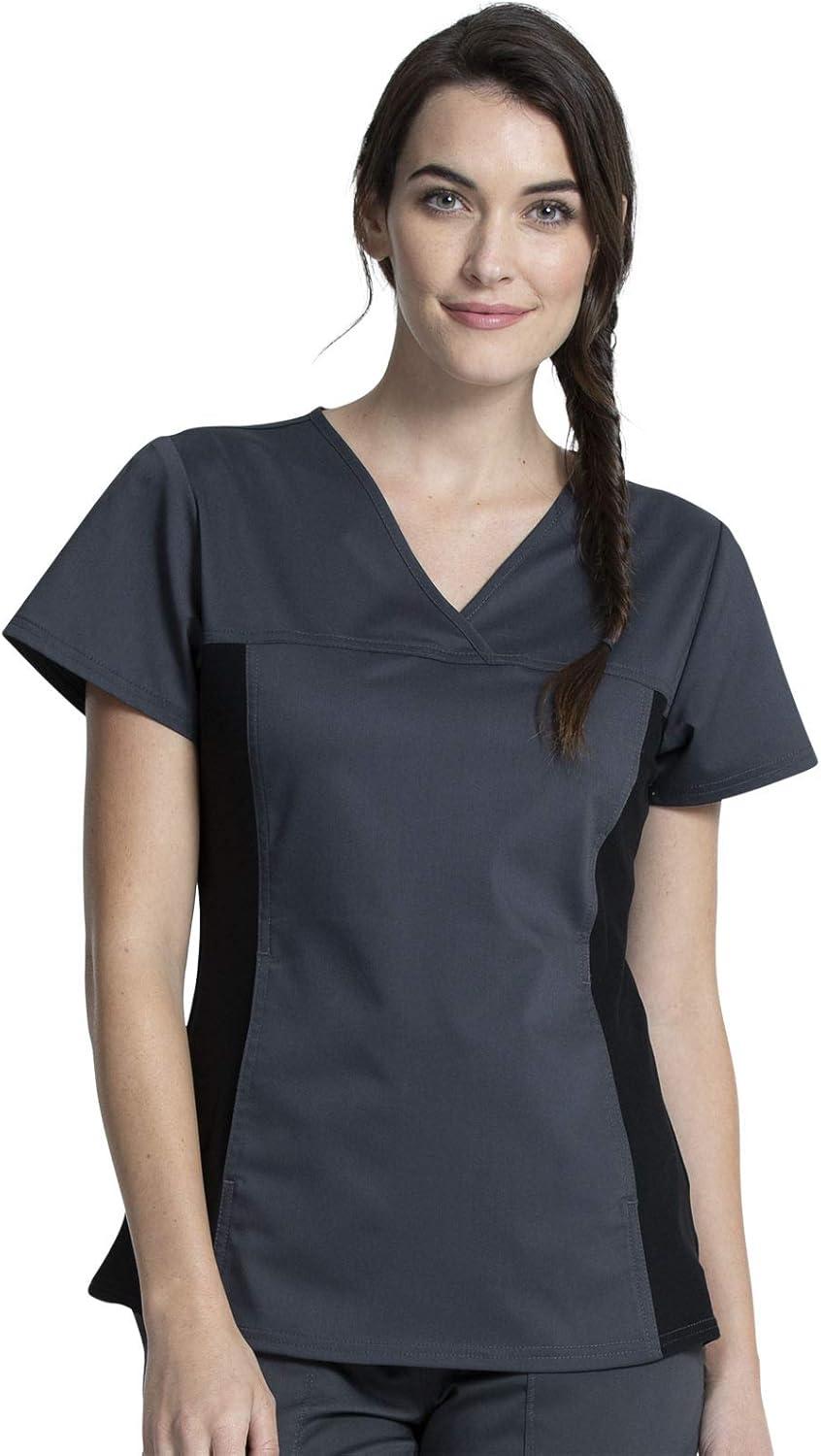 imageCherokee Womens Scrub Set VNeck Knit Panel Scrub Top WW2875 Mid Rise Tapered Leg Drawstring Scrub Pant WW105Pewter