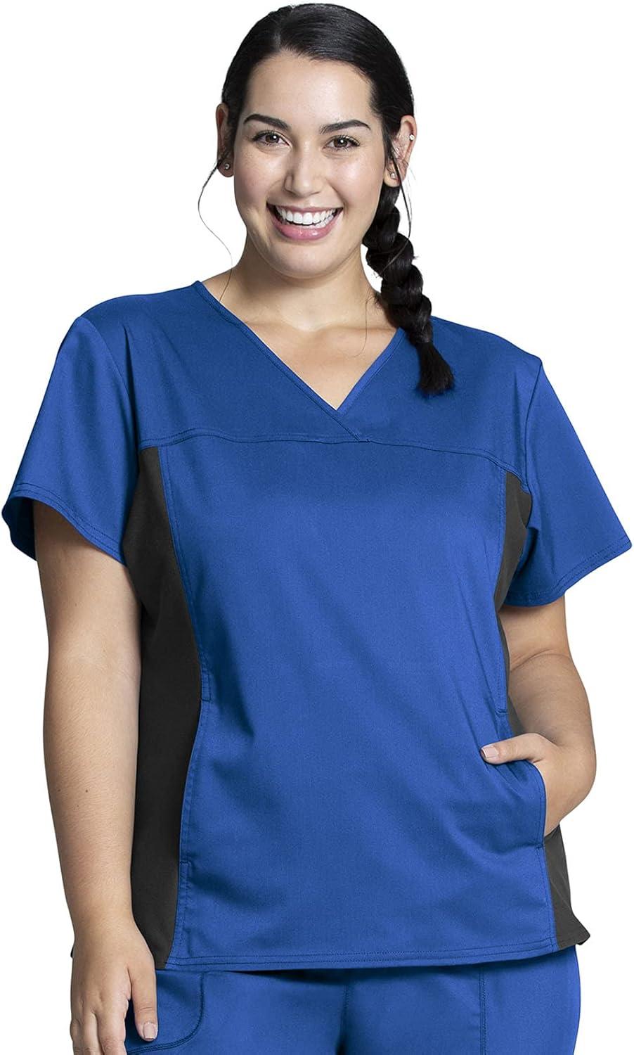 imageCherokee Womens Scrub Set VNeck Knit Panel Scrub Top WW2875 Mid Rise Tapered Leg Drawstring Scrub Pant WW105Royal