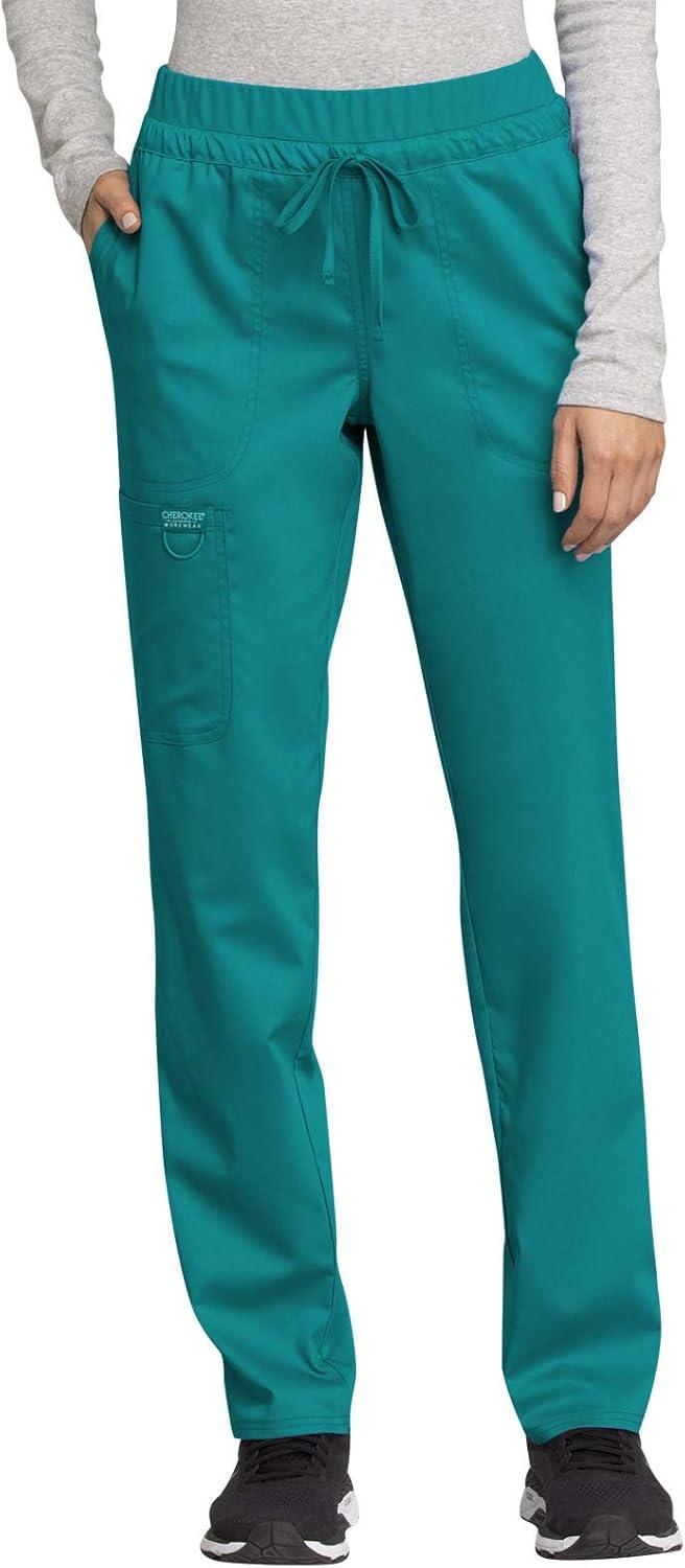 imageCherokee Womens Scrub Set VNeck Knit Panel Scrub Top WW2875 Mid Rise Tapered Leg Drawstring Scrub Pant WW105Teal Blue