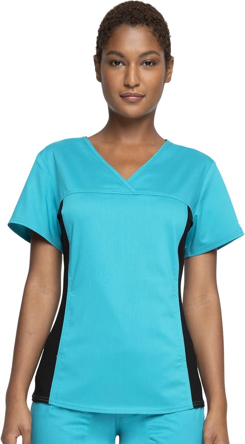 imageCherokee Womens Scrub Set VNeck Knit Panel Scrub Top WW2875 Mid Rise Tapered Leg Drawstring Scrub Pant WW105Teal Blue