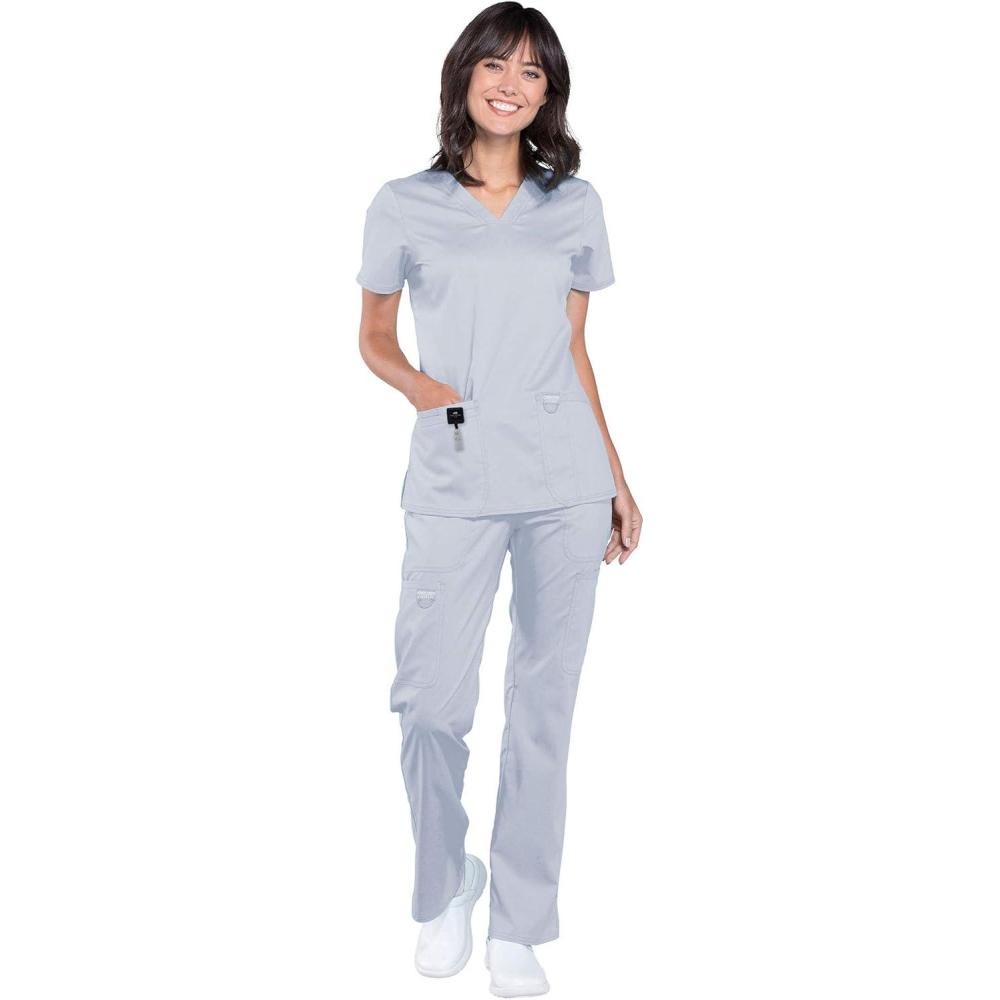 imageCherokee Scrub Set For Women Modern Classic Fit 3 Pockets VNeck Top WW620 with 5 Pockets Moderate Flare Leg Pant WW120Grey