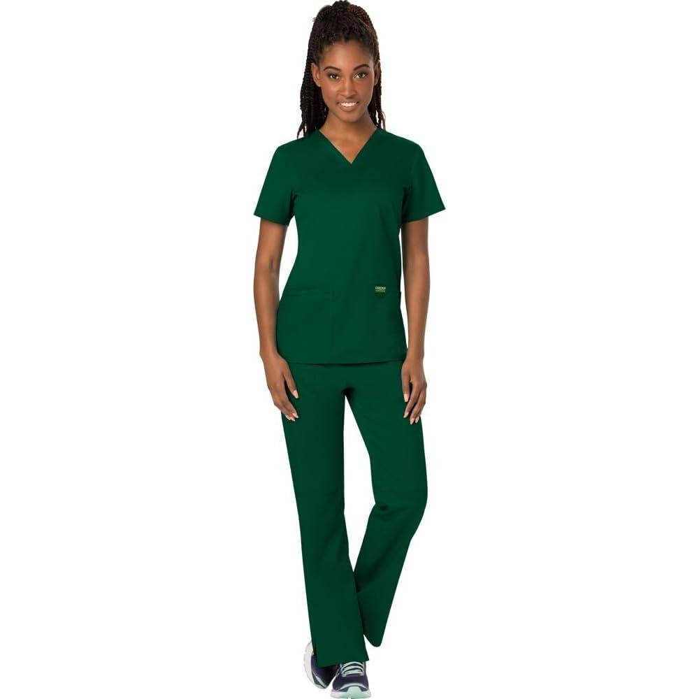 imageCherokee Scrub Set For Women Modern Classic Fit 3 Pockets VNeck Top WW620 with 5 Pockets Moderate Flare Leg Pant WW120Hunter Green