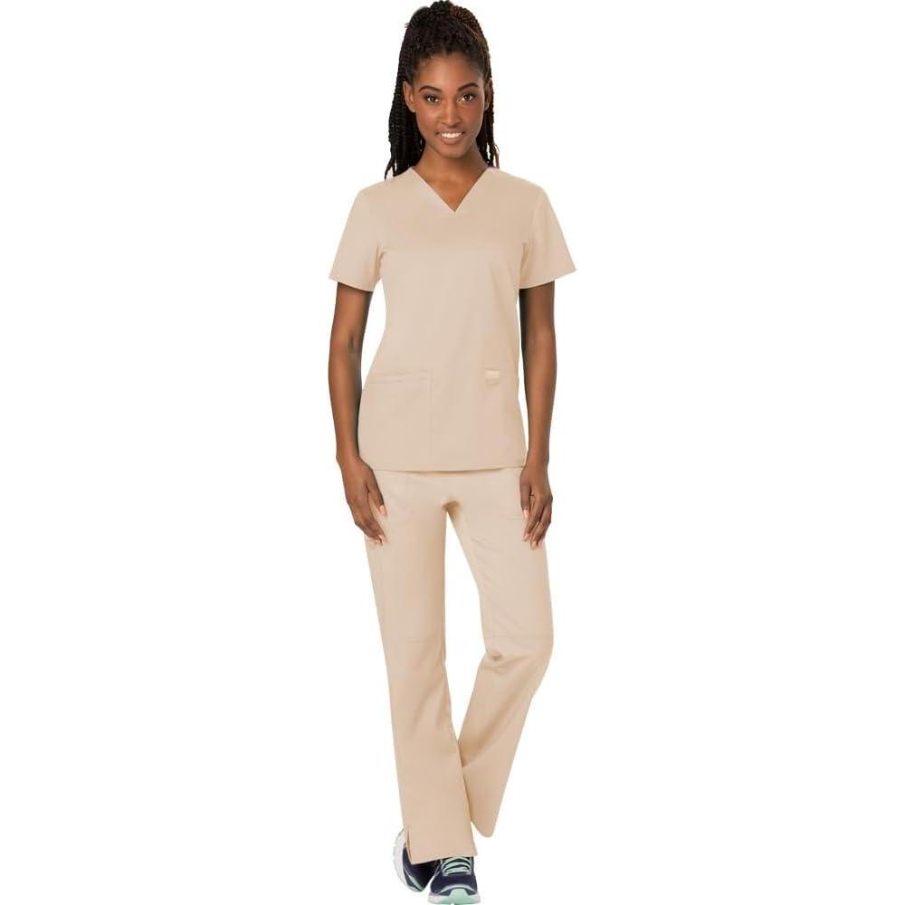 imageCherokee Scrub Set For Women Modern Classic Fit 3 Pockets VNeck Top WW620 with 5 Pockets Moderate Flare Leg Pant WW120Khaki