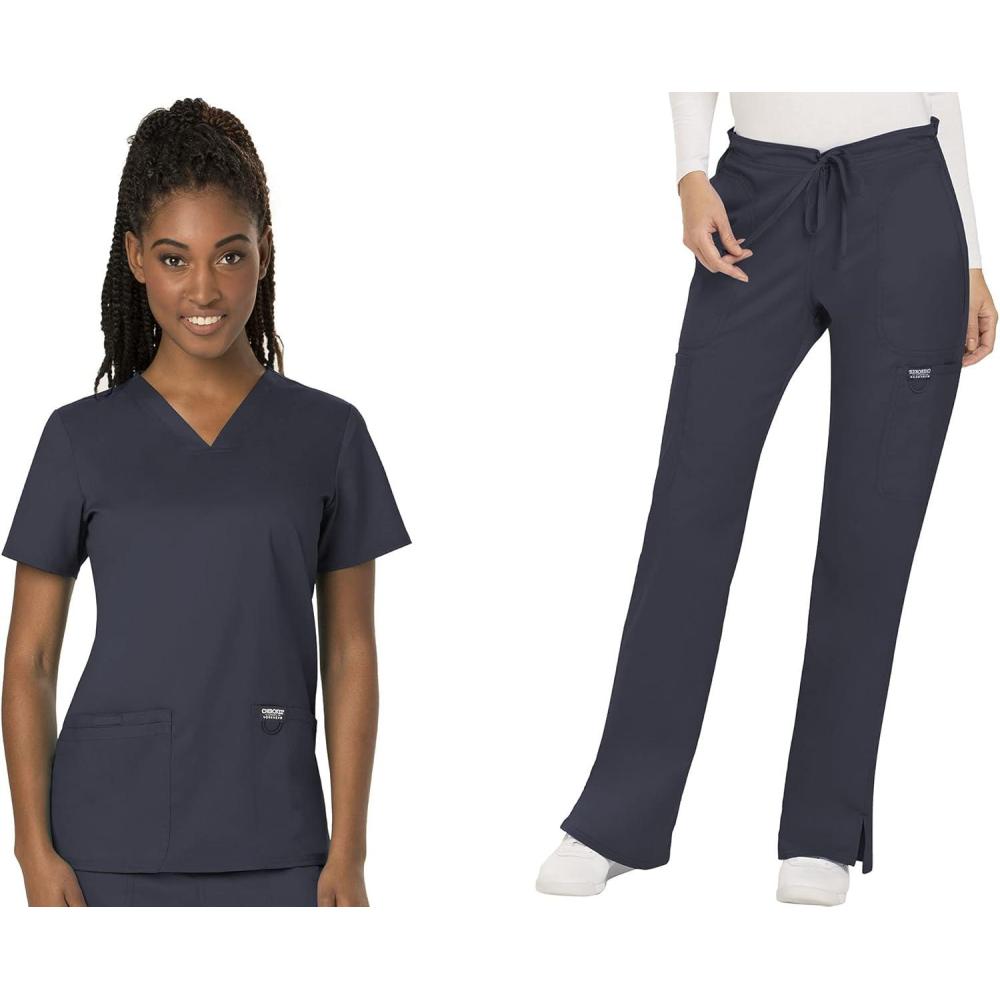 imageCherokee Scrub Set For Women Modern Classic Fit 3 Pockets VNeck Top WW620 with 5 Pockets Moderate Flare Leg Pant WW120Pewter