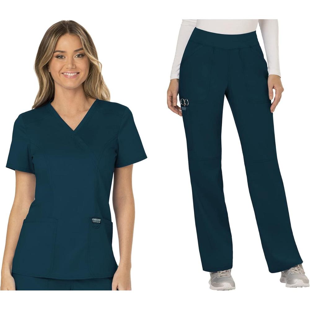 imageCherokee Scrub Set For Women Modern Classic Fit Mock Wrap Top WW610 With Mid Rise Straight Leg Pant WW110Caribbean Blue