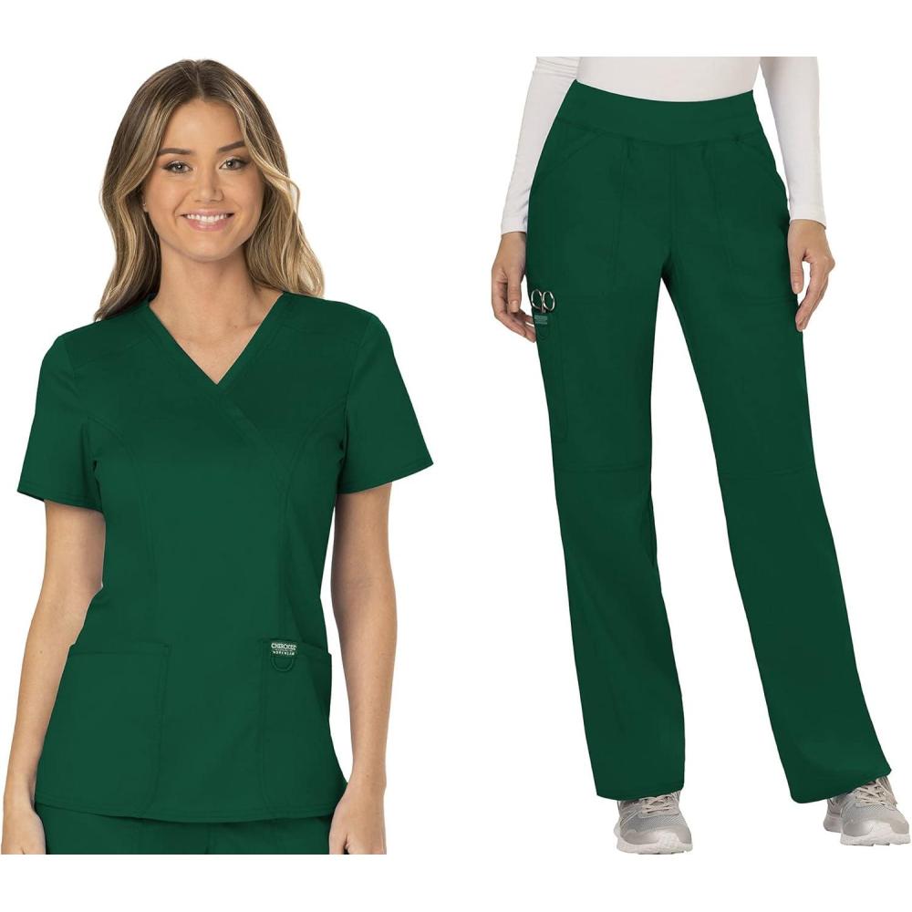 imageCherokee Scrub Set For Women Modern Classic Fit Mock Wrap Top WW610 With Mid Rise Straight Leg Pant WW110Hunter Green