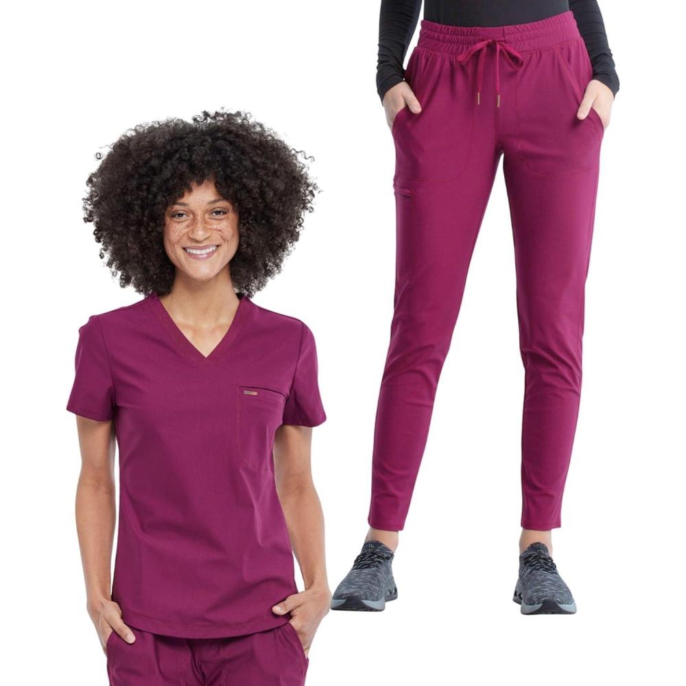 imageCherokee Scrub Set for Women 6 Pockets with Tuckable VNeck Top CK819 amp Mid Rise Tapered Leg Drawstring Scrub Pant CK095 Wine L TopL Pant
