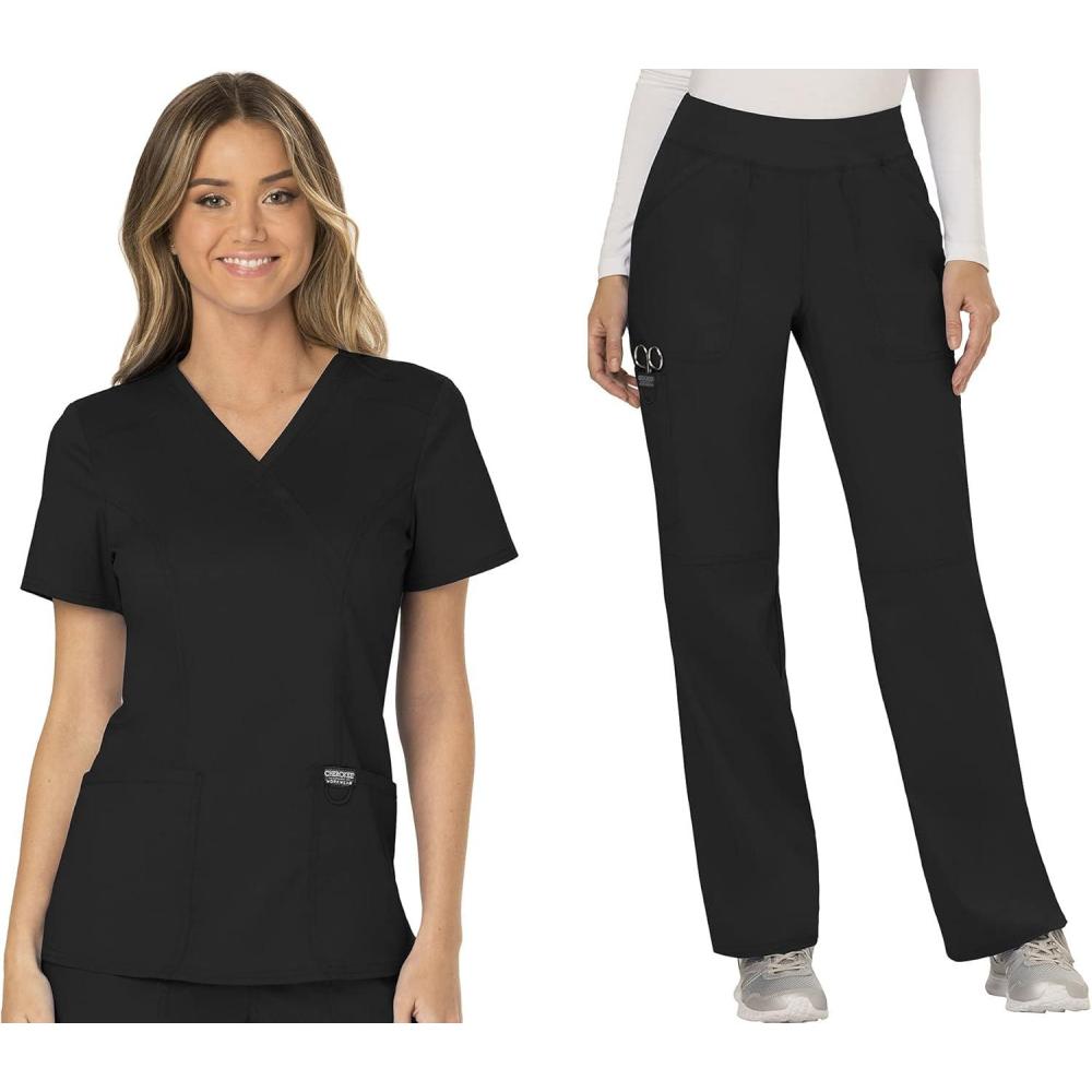 imageCherokee Scrub Set for Women Mock Wrap Top amp Mid Rise Straight Leg Pant Ultra Soft 2Way Stretch Medical Uniform CK00040CBlack