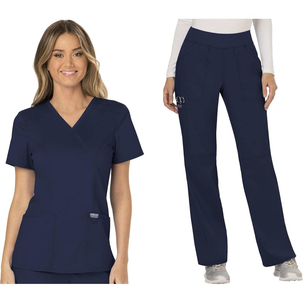 imageCherokee Scrub Set for Women Mock Wrap Top amp Mid Rise Straight Leg Pant Ultra Soft 2Way Stretch Medical Uniform CK00040CNavy