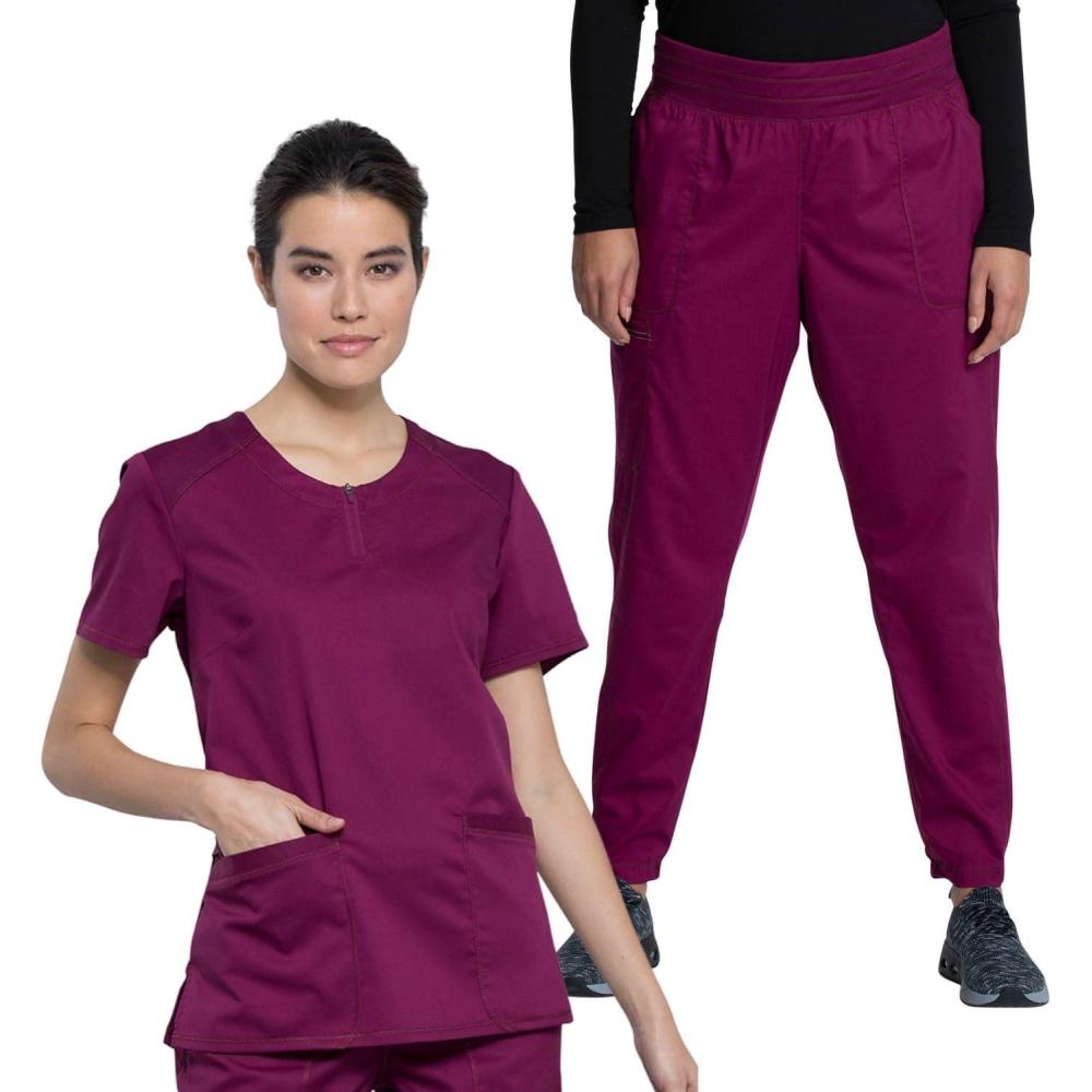 imageCherokee Scrub Set for Women Round Neck Scrub Top WW602 Natural Rise Jogger Scrub Pant with Elasticized Waistband WW011Wine