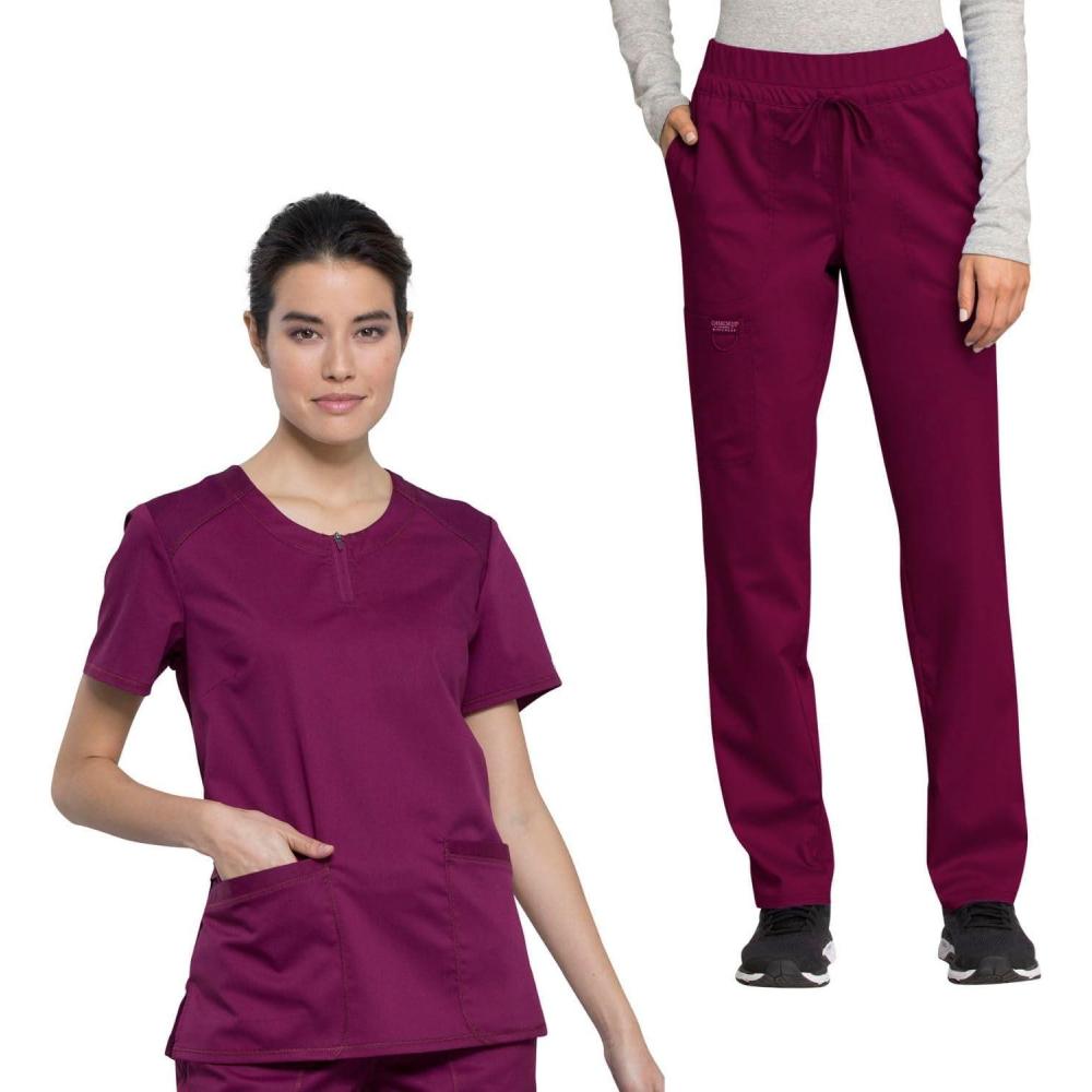 imageCherokee Scrub Set for Women Zip Round Neck Scrub Top WW602 Mid Rise Tapered Leg Drawstring Scrub Pant WW105Wine