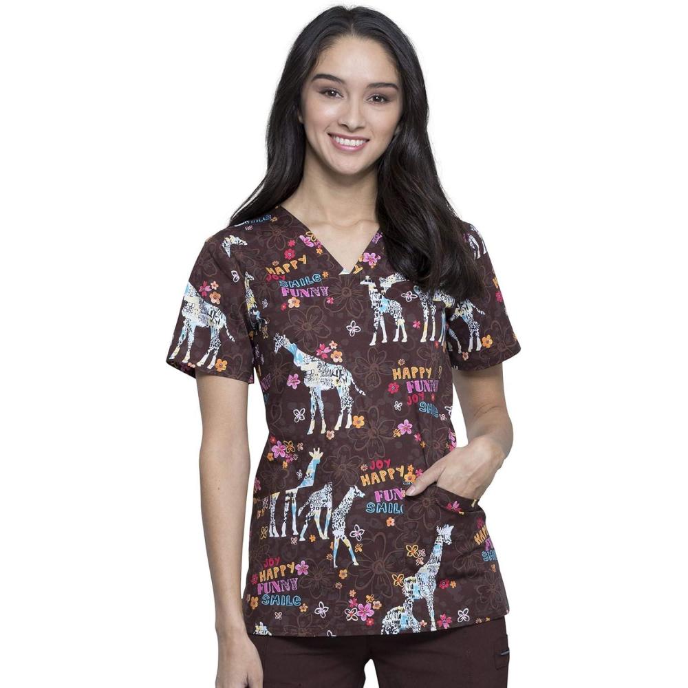 imageCherokee Scrubs for Women Printed VNeck Scrub Top with Modern Classic Fit with 2 Welt Pockets amp Shirttail Hem CK637Joyful Giraffe