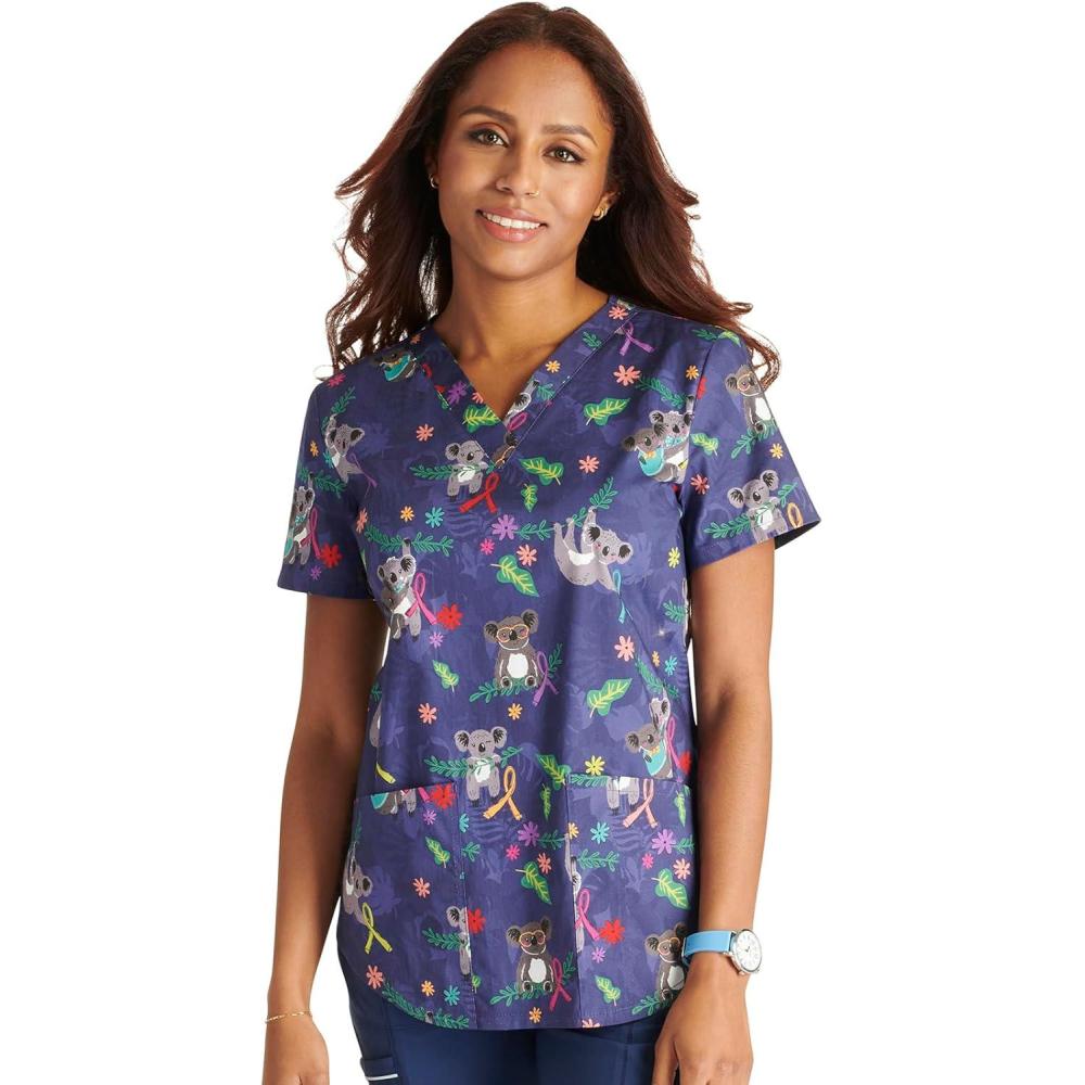 imageCherokee Scrubs for Women VNeck Printed Scrub Top Modern Classic Fit with 3 Pockets Shaping Darts amp Side Vents CK664Koalas Care