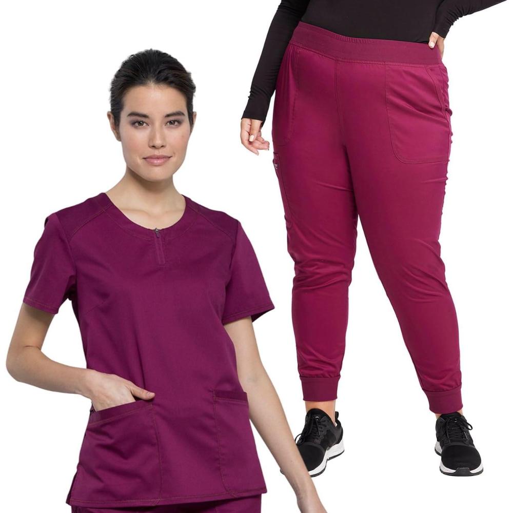 imageCherokee Women Scrub Set Round Neck Top with Zipper Design WW602 Mid Rise Jogger Pants with Encased Elastic Waistband WW115Wine