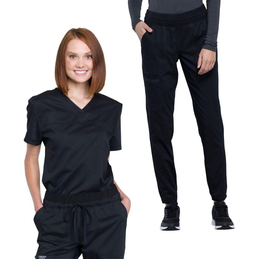 imageCherokee Women Scrub Set VNeck OR Top WW657 Natural Rise Jogger Scrub Pant with Elasticized Waistband WW011Black