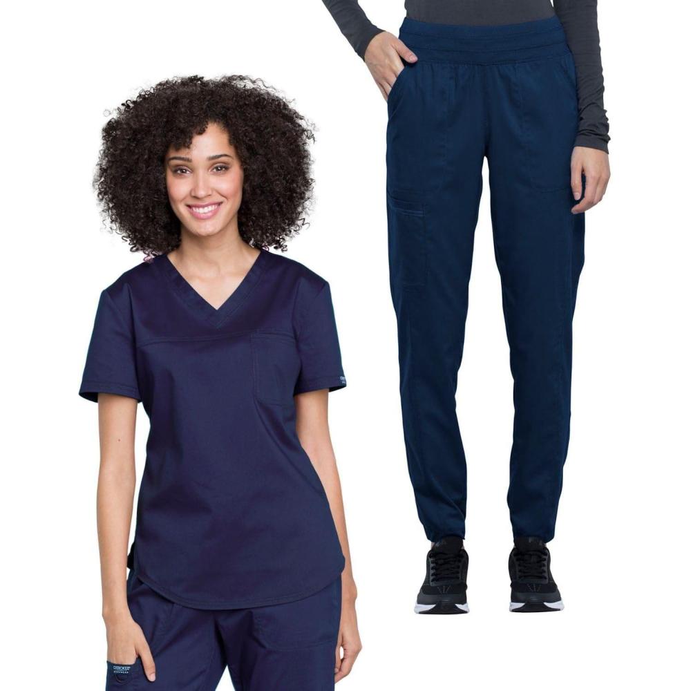 imageCherokee Women Scrub Set VNeck OR Top WW657 Natural Rise Jogger Scrub Pant with Elasticized Waistband WW011Navy