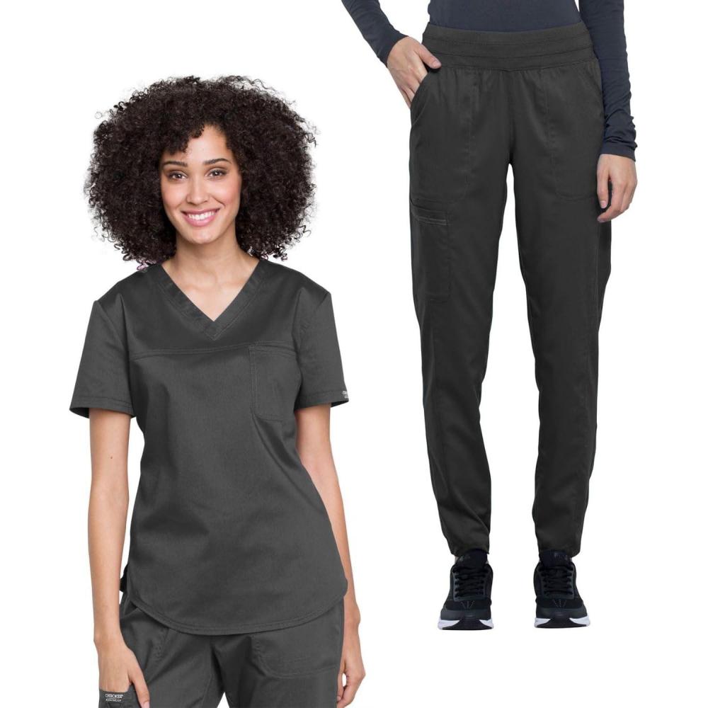 imageCherokee Women Scrub Set VNeck OR Top WW657 Natural Rise Jogger Scrub Pant with Elasticized Waistband WW011Pewter