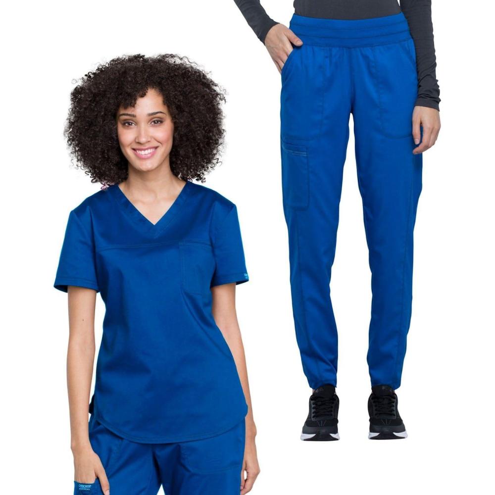 imageCherokee Women Scrub Set VNeck OR Top WW657 Natural Rise Jogger Scrub Pant with Elasticized Waistband WW011Royal