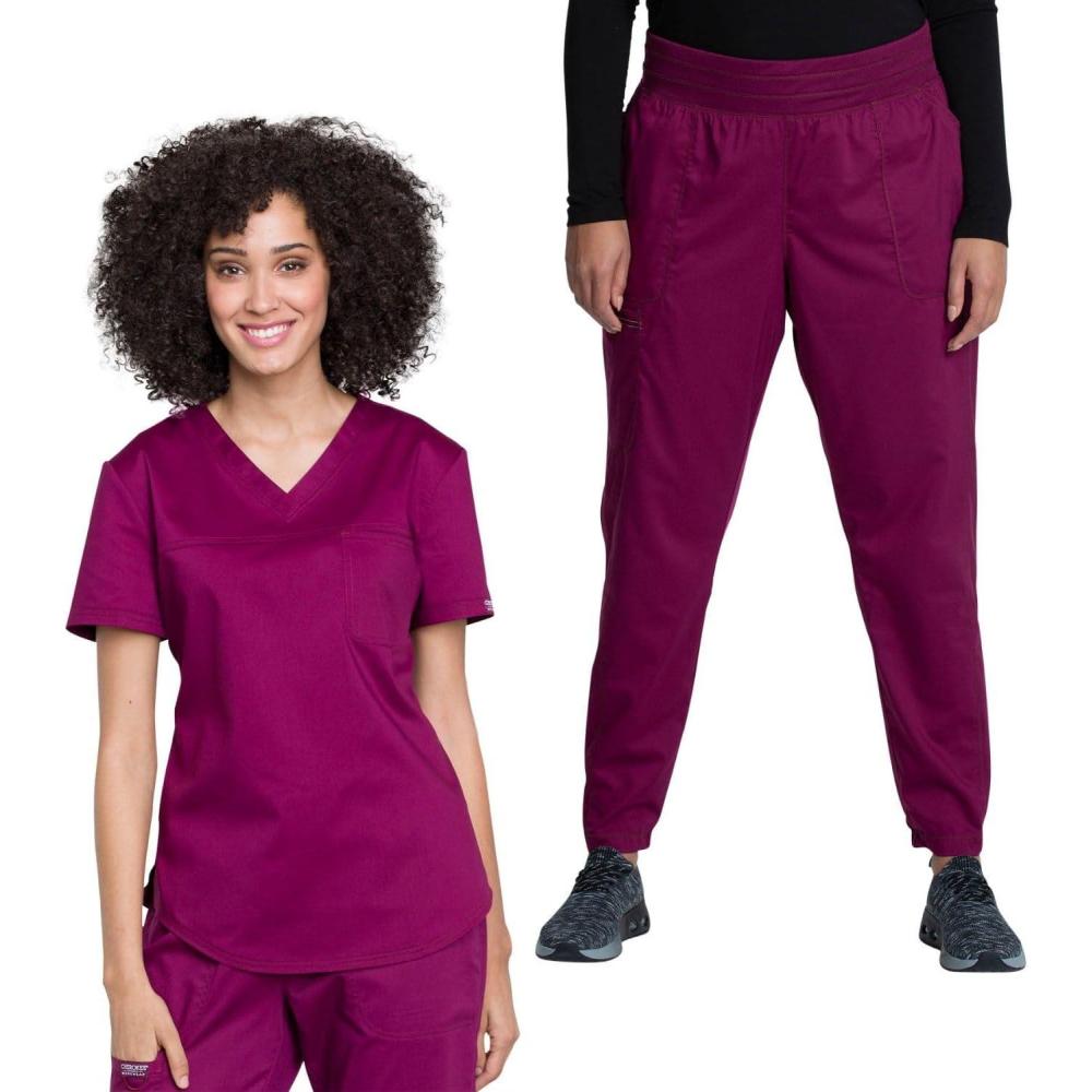 imageCherokee Women Scrub Set VNeck OR Top WW657 Natural Rise Jogger Scrub Pant with Elasticized Waistband WW011Wine
