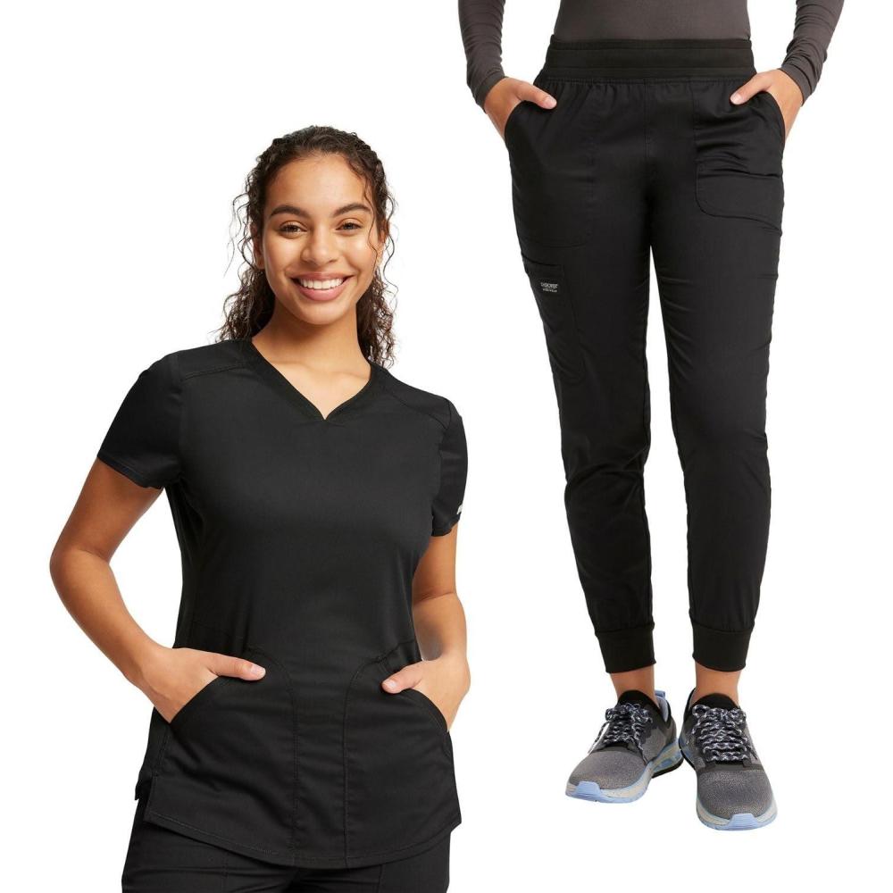 imageCherokee Women Scrub Set VNeck Scrub Top WW601 with Mid Rise Scrub Jogger Pants WW115Black