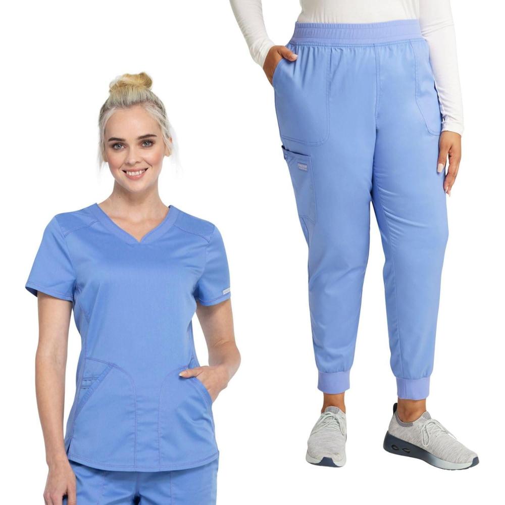 imageCherokee Women Scrub Set VNeck Scrub Top WW601 with Mid Rise Scrub Jogger Pants WW115Ciel