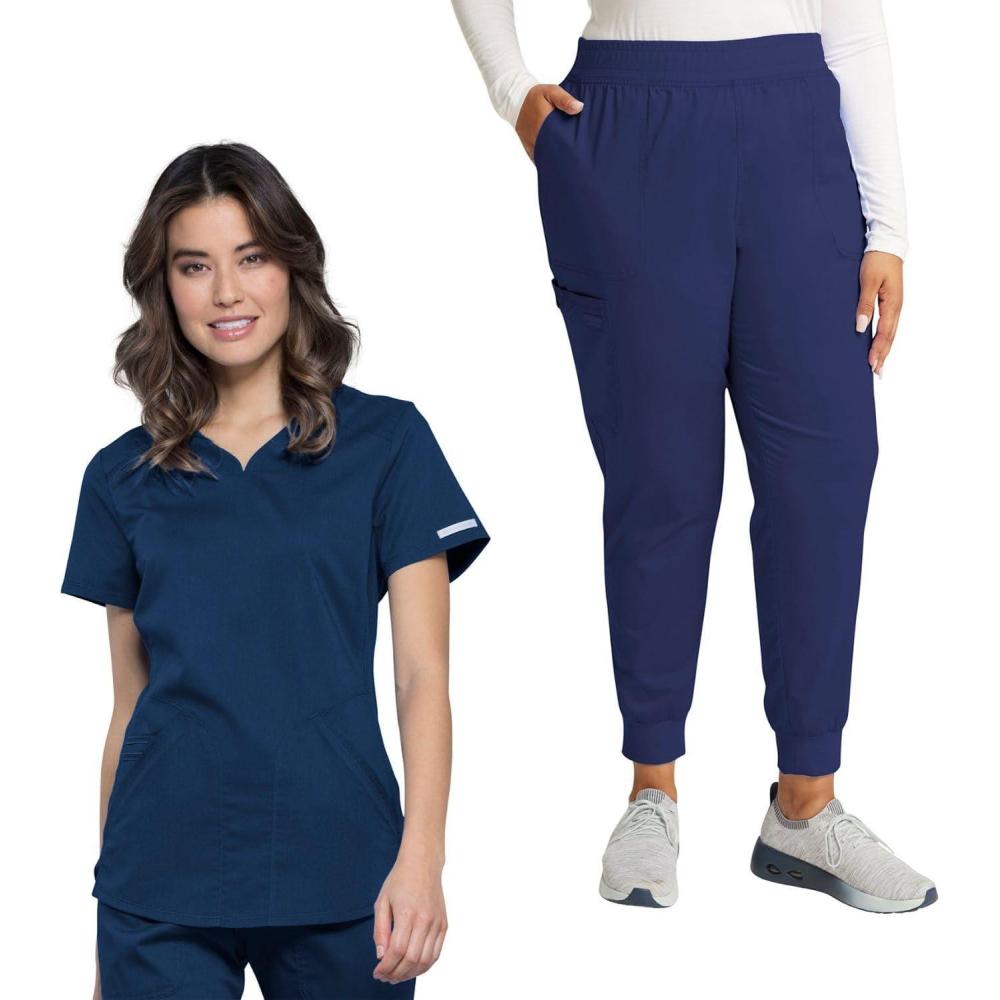 imageCherokee Women Scrub Set VNeck Scrub Top WW601 with Mid Rise Scrub Jogger Pants WW115Navy