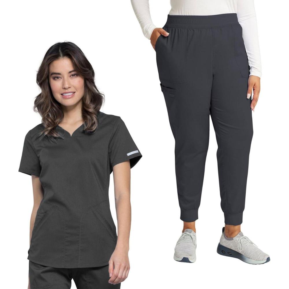 imageCherokee Women Scrub Set VNeck Scrub Top WW601 with Mid Rise Scrub Jogger Pants WW115Pewter