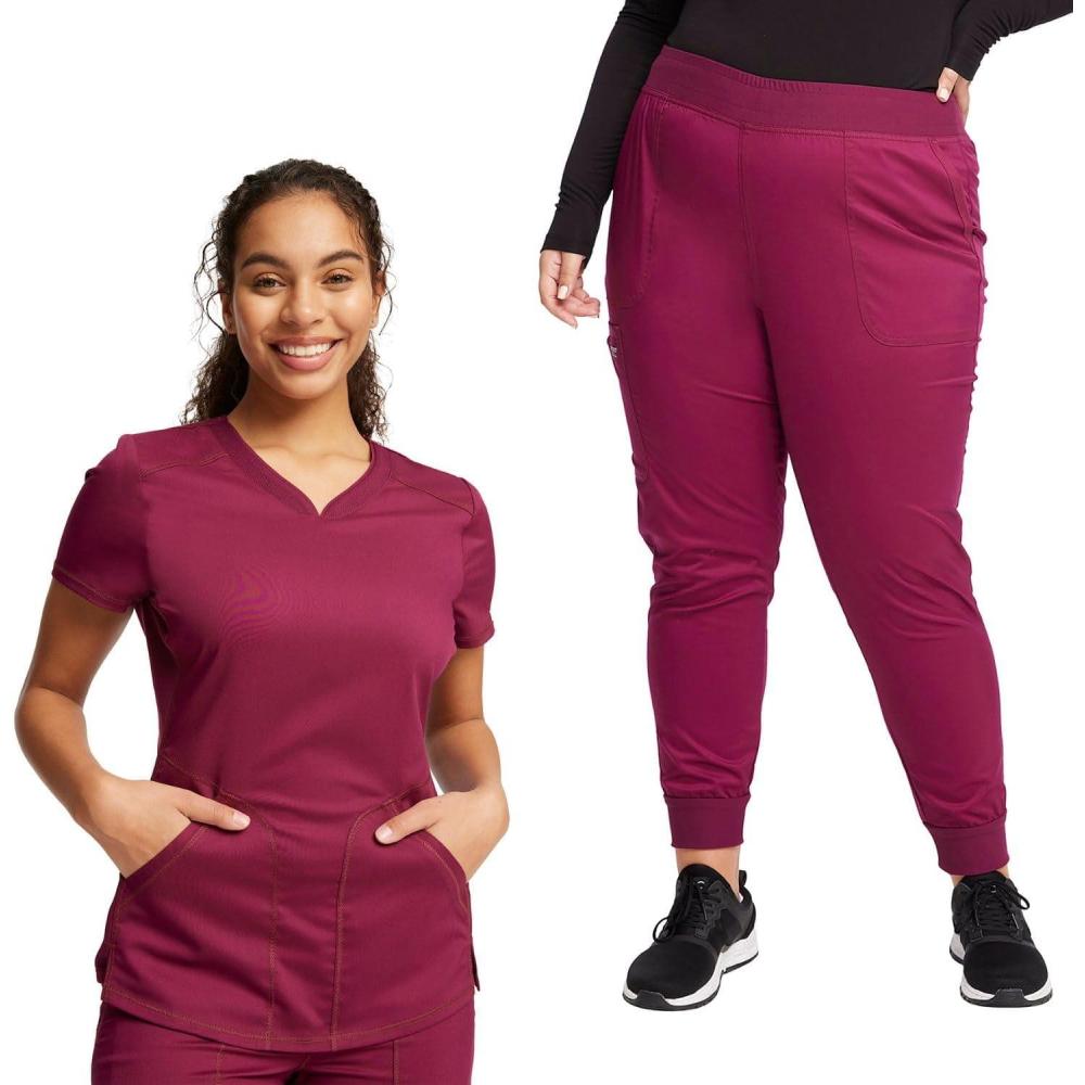 imageCherokee Women Scrub Set VNeck Scrub Top WW601 with Mid Rise Scrub Jogger Pants WW115Wine