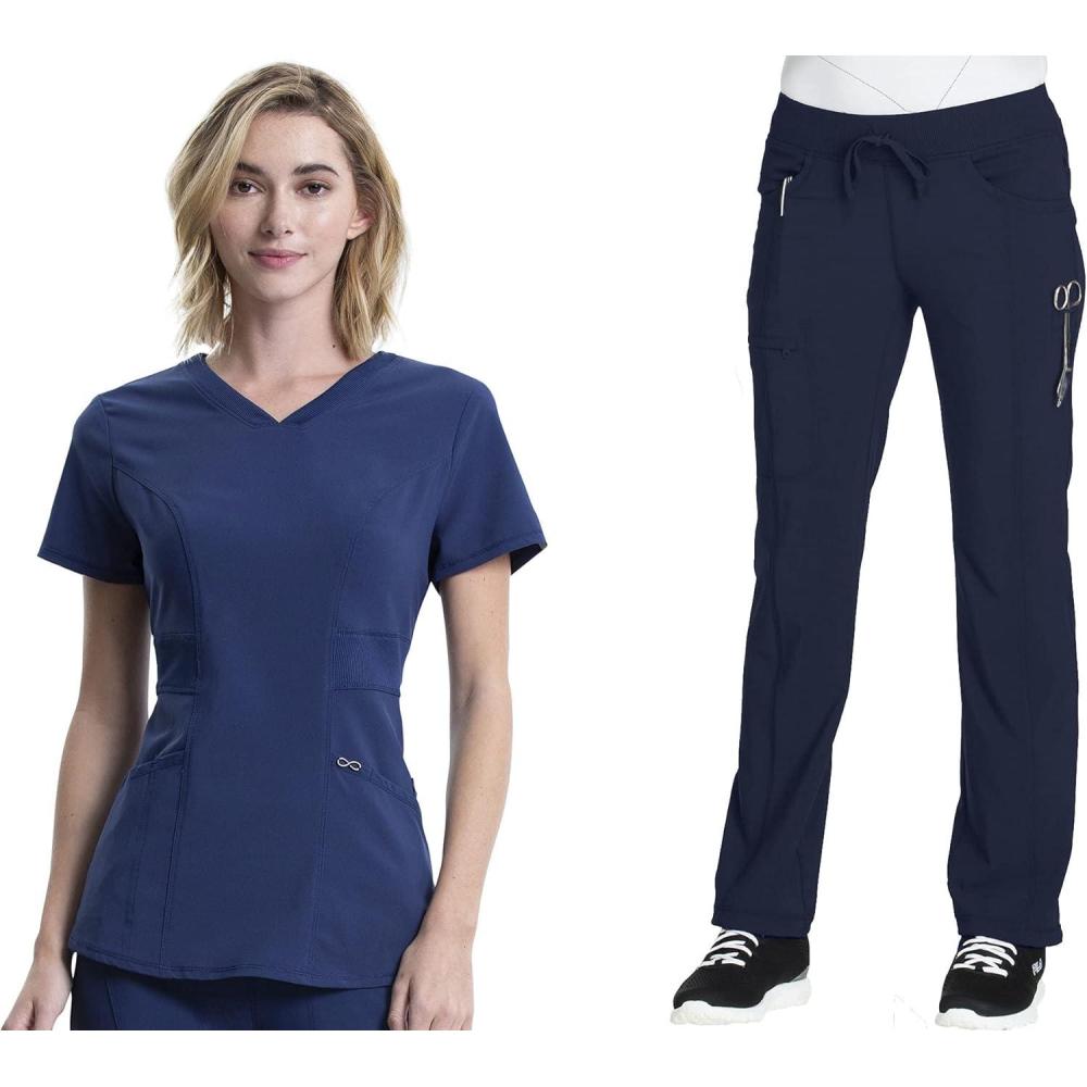 imageCherokee Women Scrub Sets Contemporary Fit 3 Pocket Rib Knit Panel Top CK623A 4 Pocket Low Rise Straight Leg Pant 1123ANavy