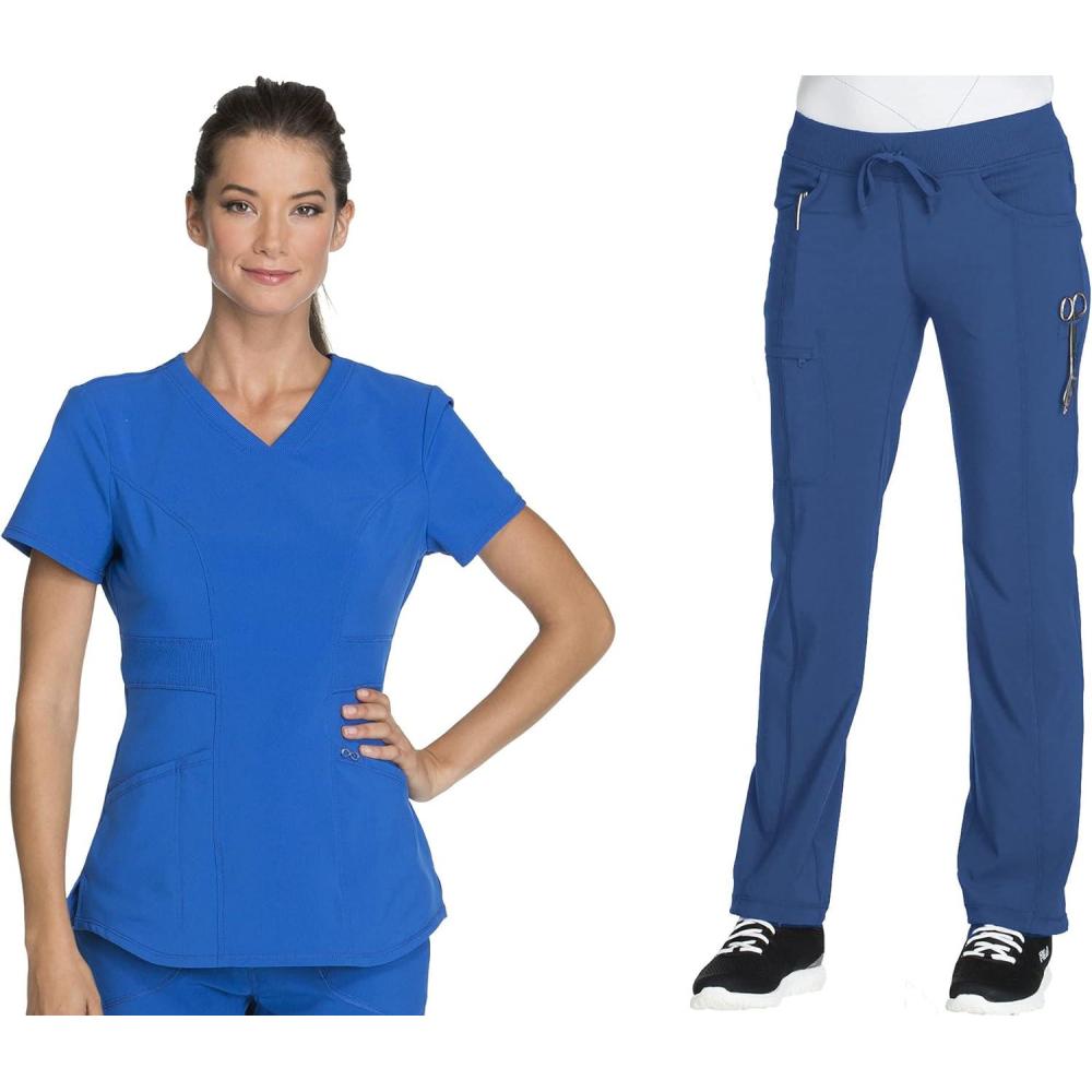 imageCherokee Women Scrub Sets Contemporary Fit 3 Pocket Rib Knit Panel Top CK623A 4 Pocket Low Rise Straight Leg Pant 1123ARoyal