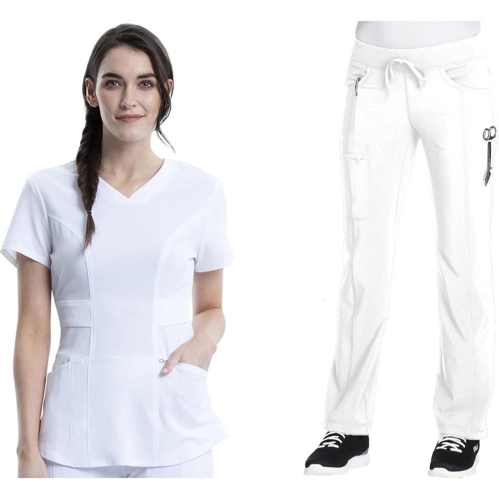 imageCherokee Women Scrub Sets Contemporary Fit 3 Pocket Rib Knit Panel Top CK623A 4 Pocket Low Rise Straight Leg Pant 1123AWhite