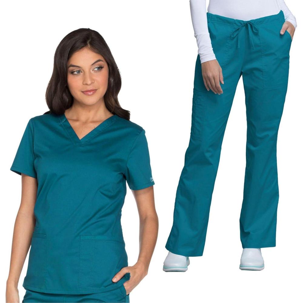 imageCherokee Womens Scrub Set 3 Pockets VNeck Top WW630 With 4 Pocket Mid Rise Drawstring Cargo Pant 4044Caribbean Blue