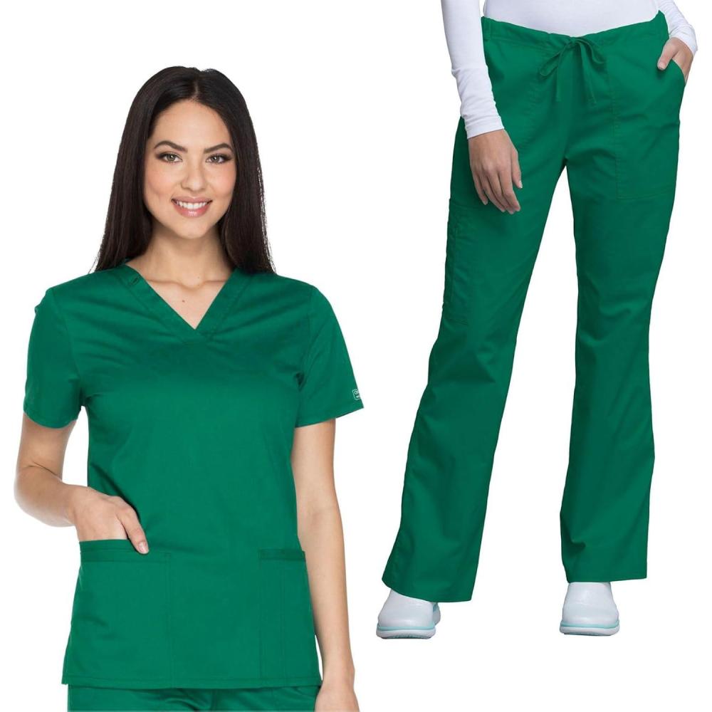 imageCherokee Womens Scrub Set 3 Pockets VNeck Top WW630 With 4 Pocket Mid Rise Drawstring Cargo Pant 4044Hunter Green