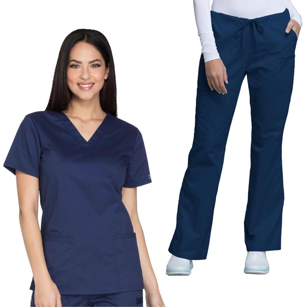 imageCherokee Womens Scrub Set 3 Pockets VNeck Top WW630 With 4 Pocket Mid Rise Drawstring Cargo Pant 4044Navy