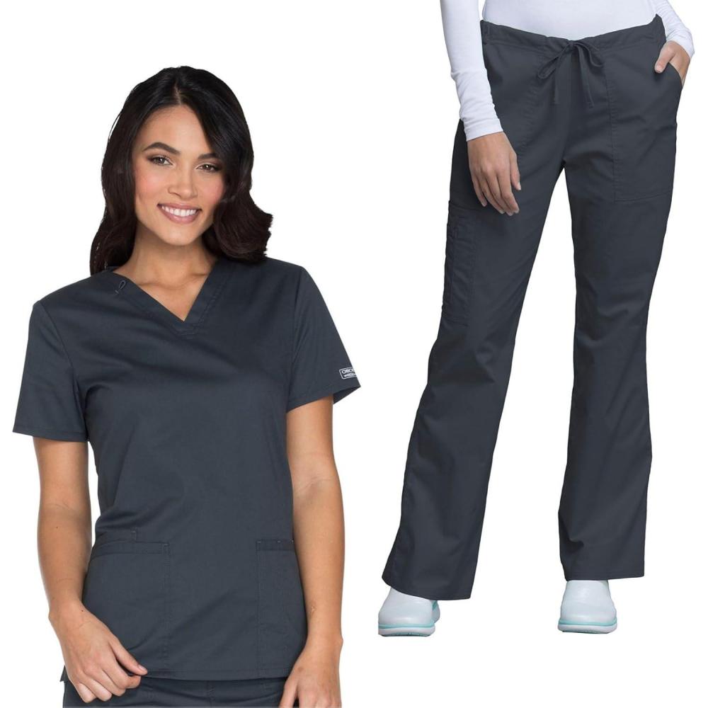 imageCherokee Womens Scrub Set 3 Pockets VNeck Top WW630 With 4 Pocket Mid Rise Drawstring Cargo Pant 4044Pewter