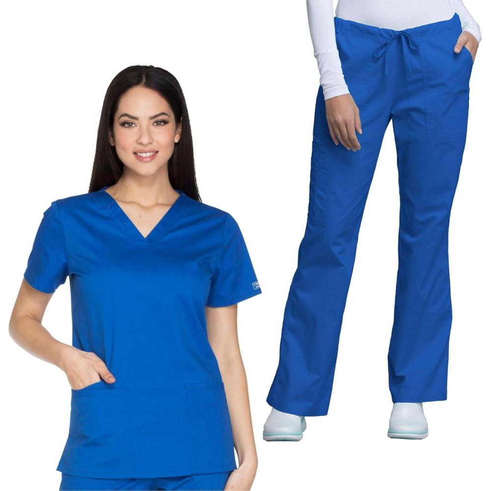 imageCherokee Womens Scrub Set 3 Pockets VNeck Top WW630 With 4 Pocket Mid Rise Drawstring Cargo Pant 4044Royal