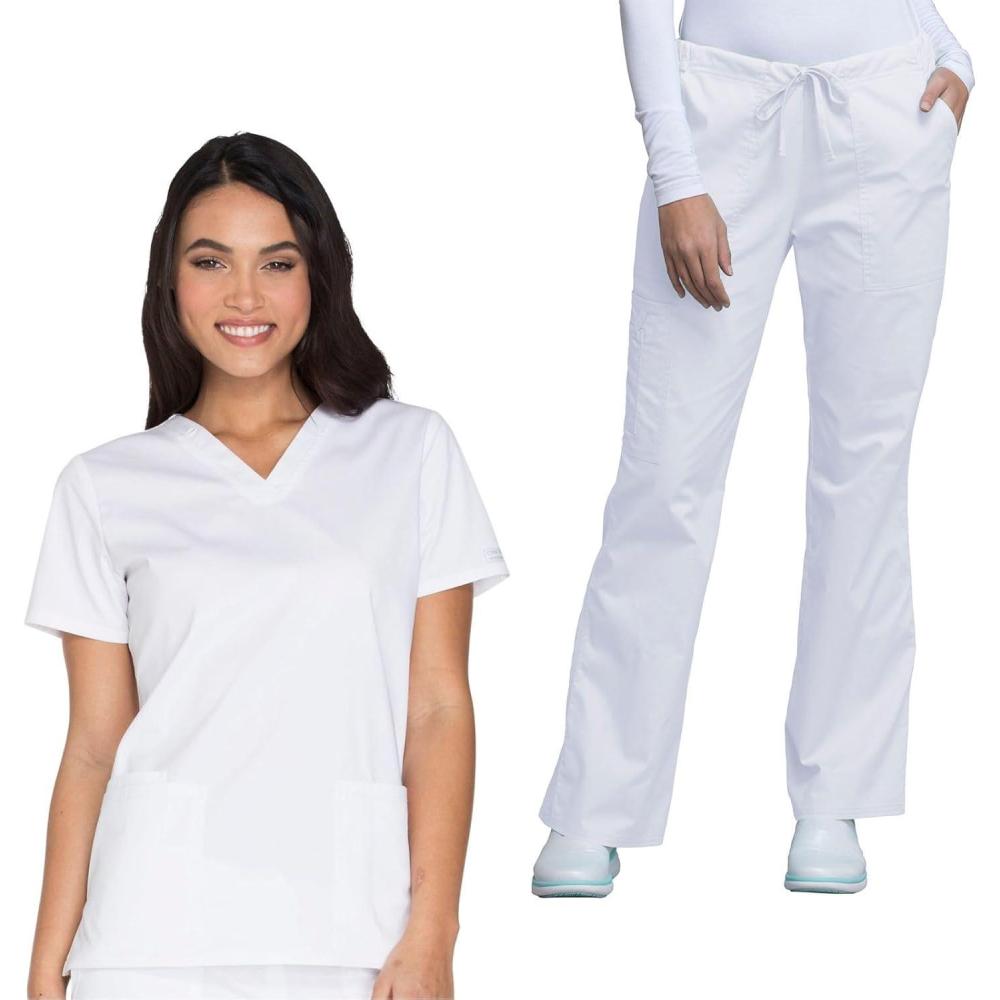 imageCherokee Womens Scrub Set 3 Pockets VNeck Top WW630 With 4 Pocket Mid Rise Drawstring Cargo Pant 4044White