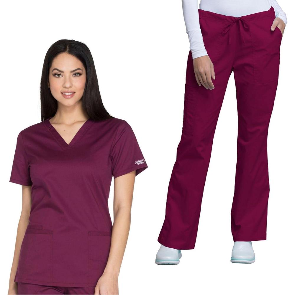 imageCherokee Womens Scrub Set 3 Pockets VNeck Top WW630 With 4 Pocket Mid Rise Drawstring Cargo Pant 4044Wine