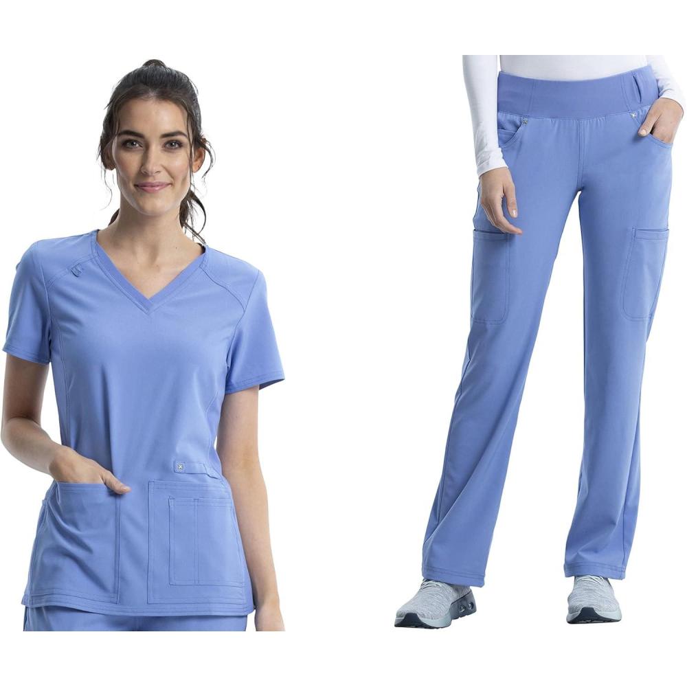 imageCherokee Womens Scrub Set Contemporary Fit Mid Rise 6 Pocket Straight Leg Pant CK002 and 4 Pocket VNeck Top CK605Ciel