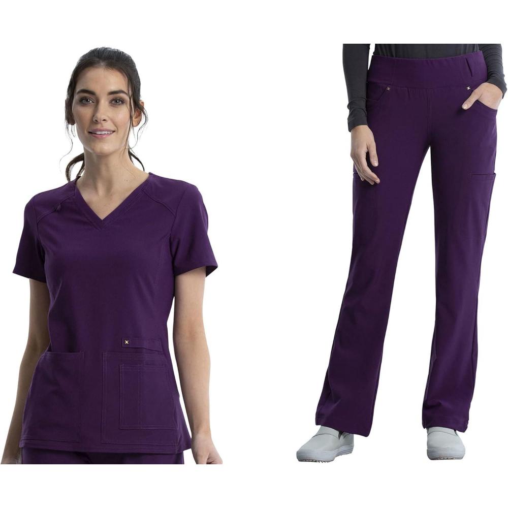 imageCherokee Womens Scrub Set Contemporary Fit Mid Rise 6 Pocket Straight Leg Pant CK002 and 4 Pocket VNeck Top CK605Eggplant